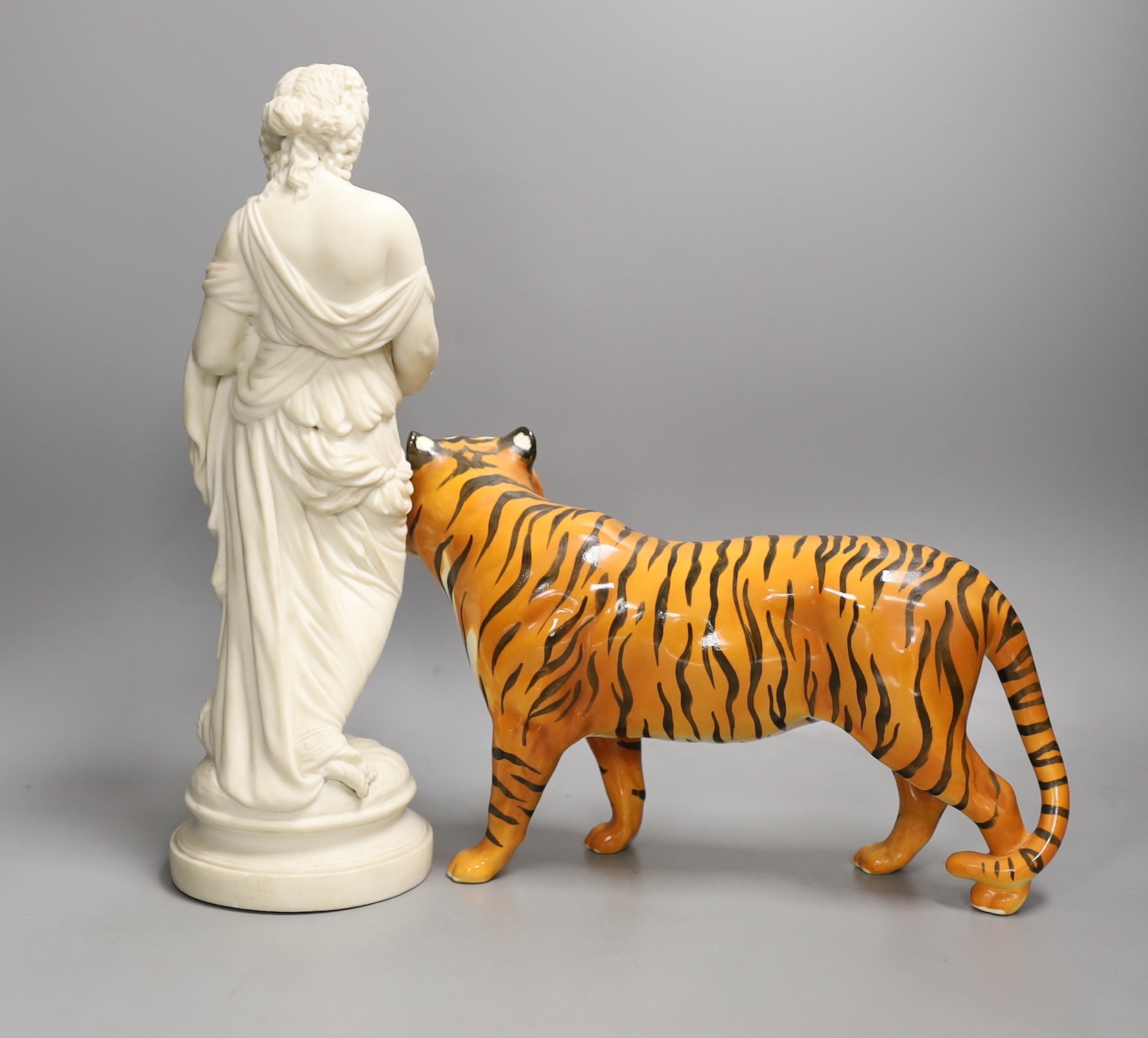 A Beswick tiger and a parian figure 34cm